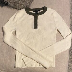 Forever 21 Cream Long Sleeve Top with Black Button Detail